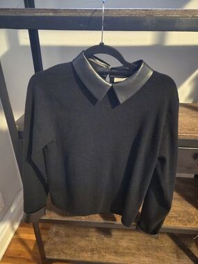 La Vila Milano Black Sweater M | Faux Leather Collar & Cuffs | Chic Minimalist
